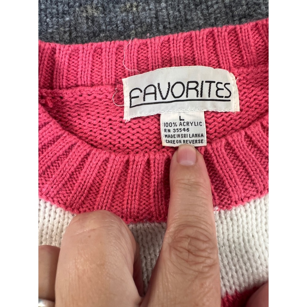 Retro Preppy Pink/Coral White Striped Crewneck Sweater Favorites Women's L - Picture 2 of 7
